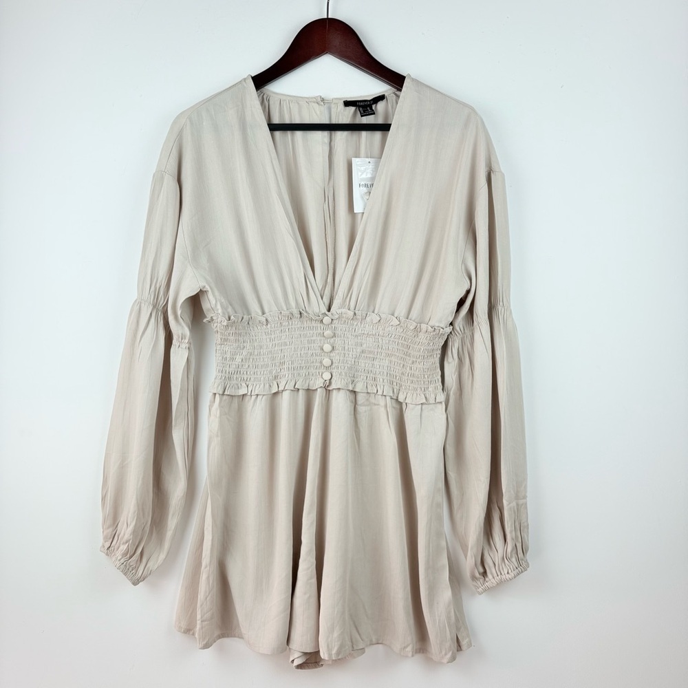 Forever 21 Women's Beige Long Sleeve Button Smocked Waistband Romper Medium NWT